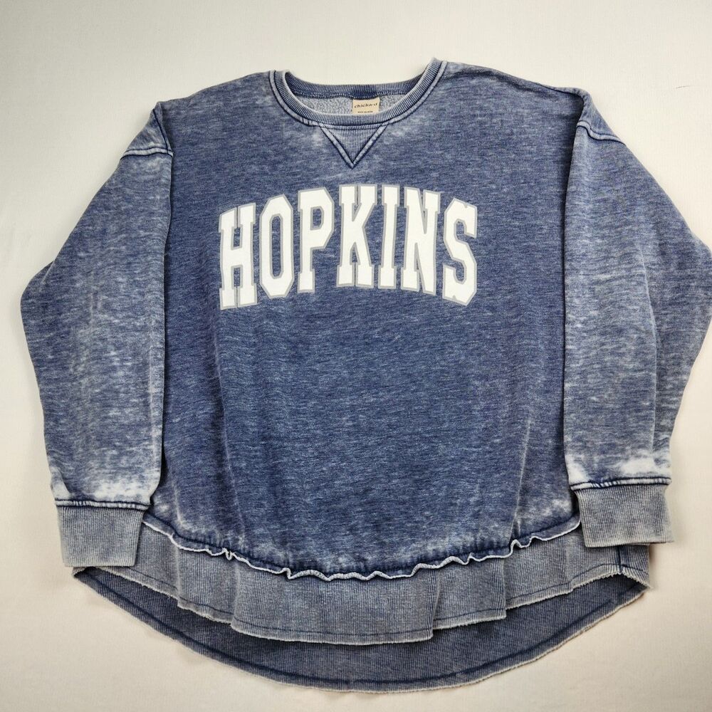Chicka-d Hopkins Pullover Sweatshirt Acid Wash Hi-Lo Womens M Relaxed Blue/White